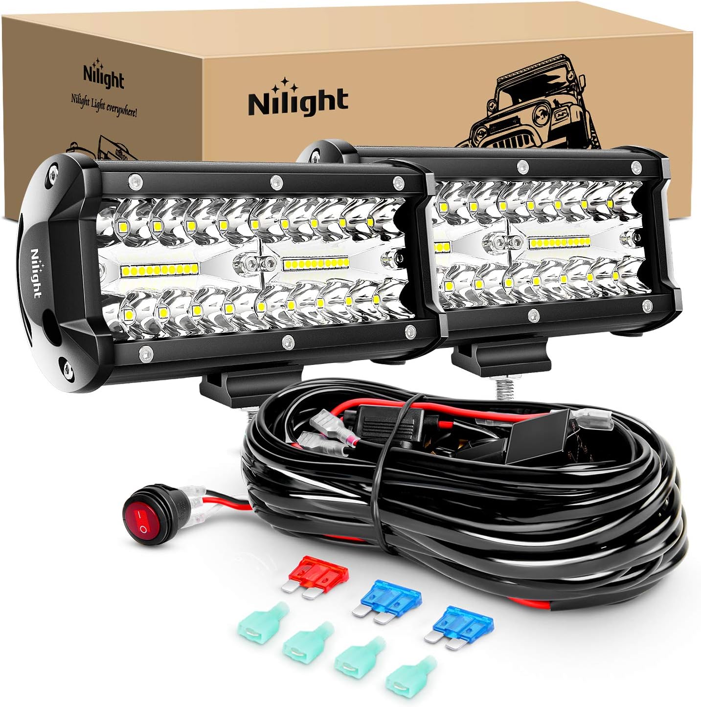 2PCS 6.5 Inch 120W LED Light Bar Amber White Strobe 6 Modes with 16AWG Wiring Harness Kit Y1942