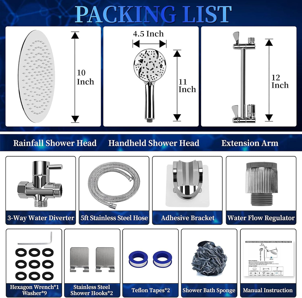 10" Rainfall Shower Head and 9-Setting High Pressure Handheld Shower Heads Combo, Dual ShowerHead with 11" Adjustable Extension Arm and 60" Stainless Hose R926