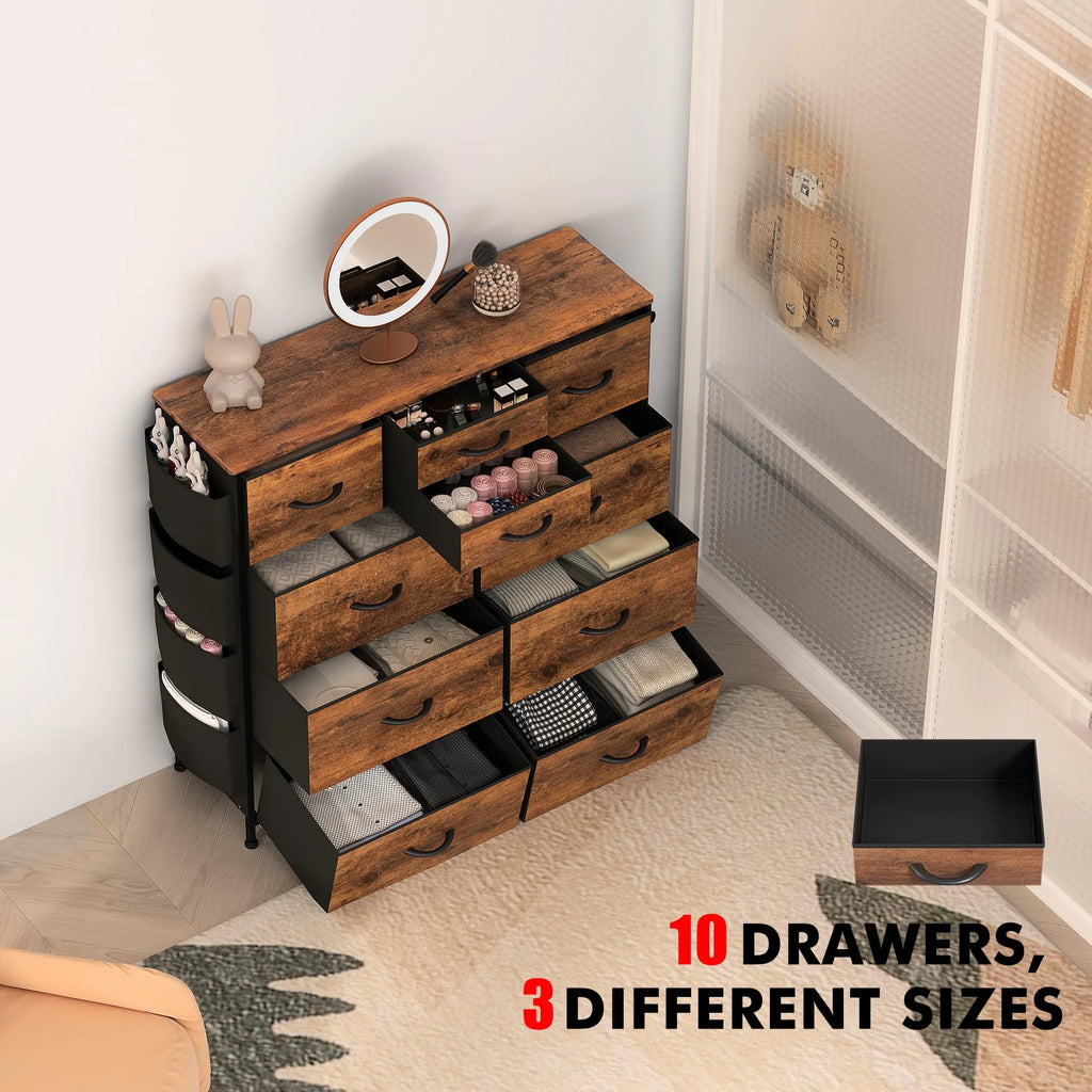 Brown 10 Drawer Fabric Dresser with Side Pockets and Hooks F656