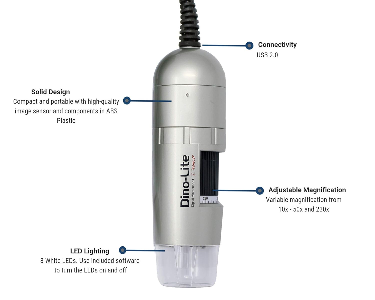 USB Digital Microscope, 10x - 50x, 230x Optical Magnification, 8 LEDs Q965036
