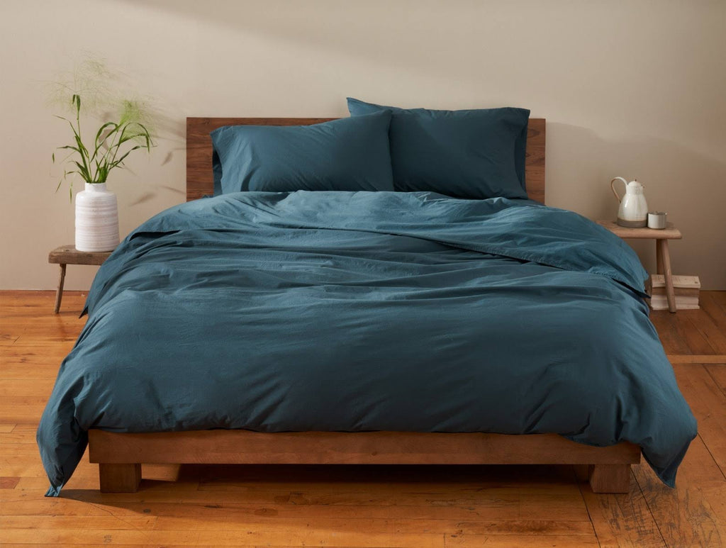 Organic Crinkled Percale Fitted Sheet Twin Steel Blue G1457