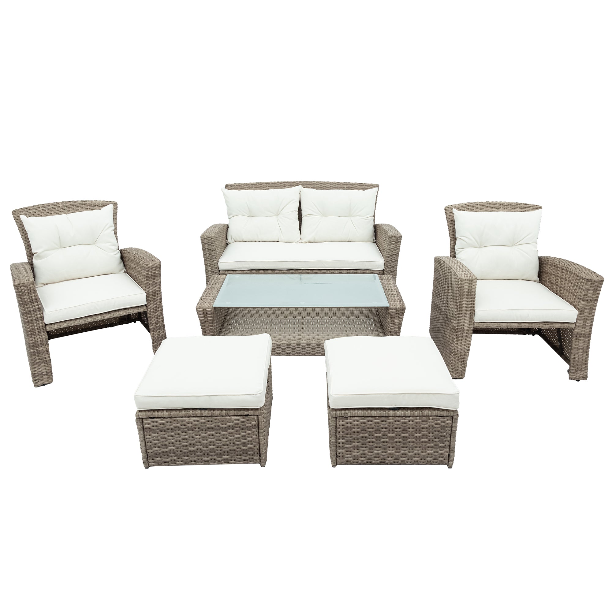 Patio Furniture Set of 4 Rattan Conversation Furniture with Ottoman and Glass Table G210959