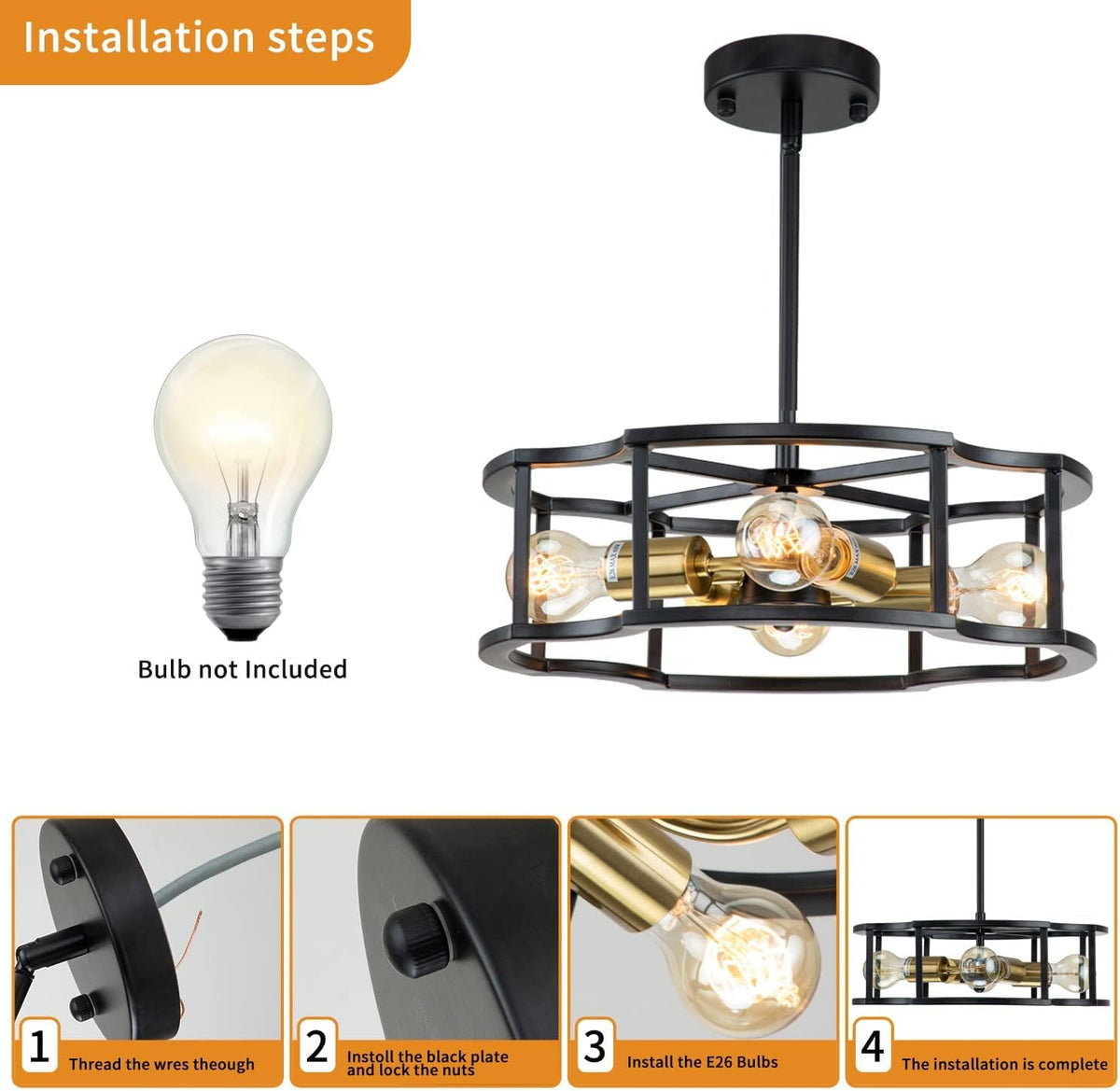 4-Light Black Drum Ceiling Chandelier D30606