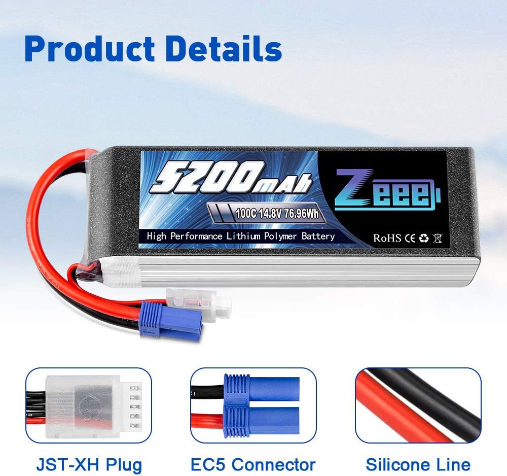 4S Lipo Battery 14.8V 5200mAh 100C EC5 Plug Soft Case 2 Pack S626