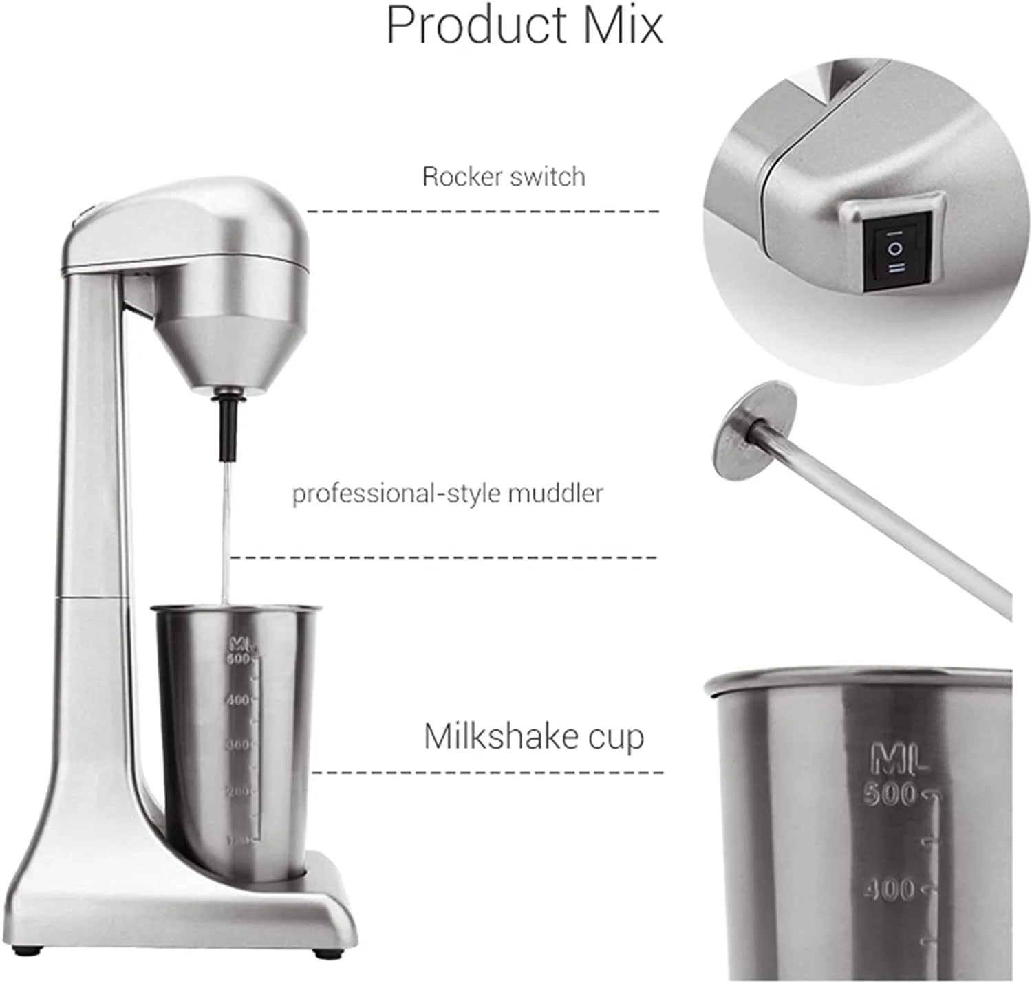 110V 23000RPM Electric Milk Shaker Machine with 500ml Stainless Steel Cup R298966