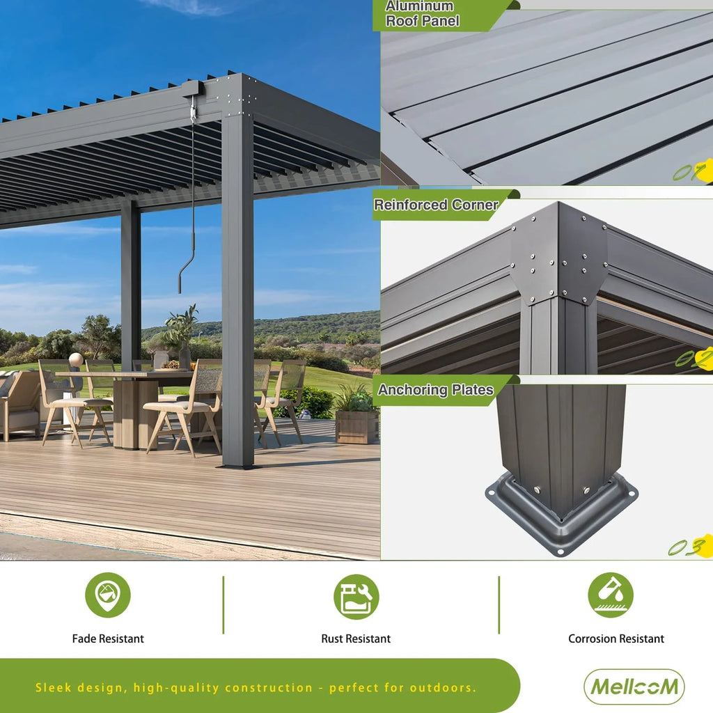 10×20 FT Aluminum Louvered Pergola with 6-Panel Pull-Down Privacy Screen P2849