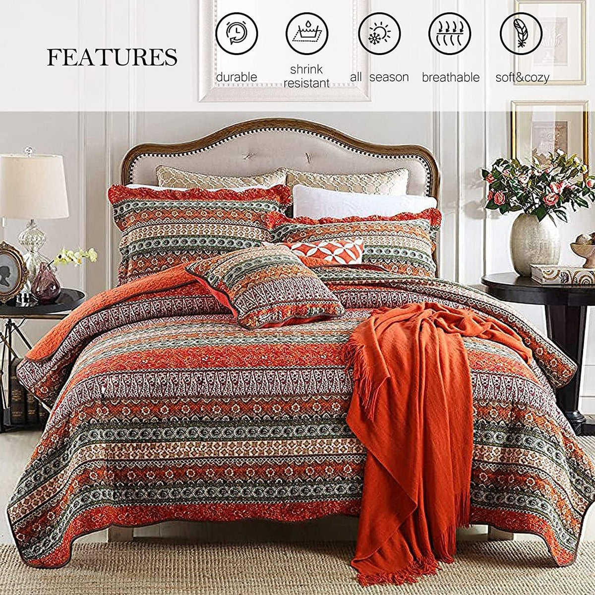 Striped Cotton 3-Piece Patchwork Bedspread Quilt Set Queen I9043