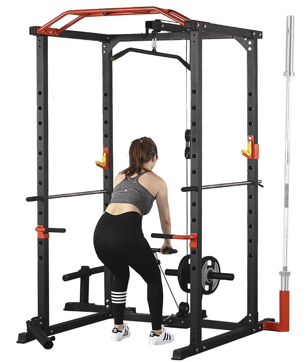 1400LBS Power Rack Cage with Cables, LAT Pulldown System, J-Hooks, Dip Bars, Pull-up Bar G9117
