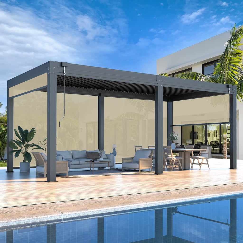 10×20 FT Aluminum Louvered Pergola with 6-Panel Pull-Down Privacy Screen P2849