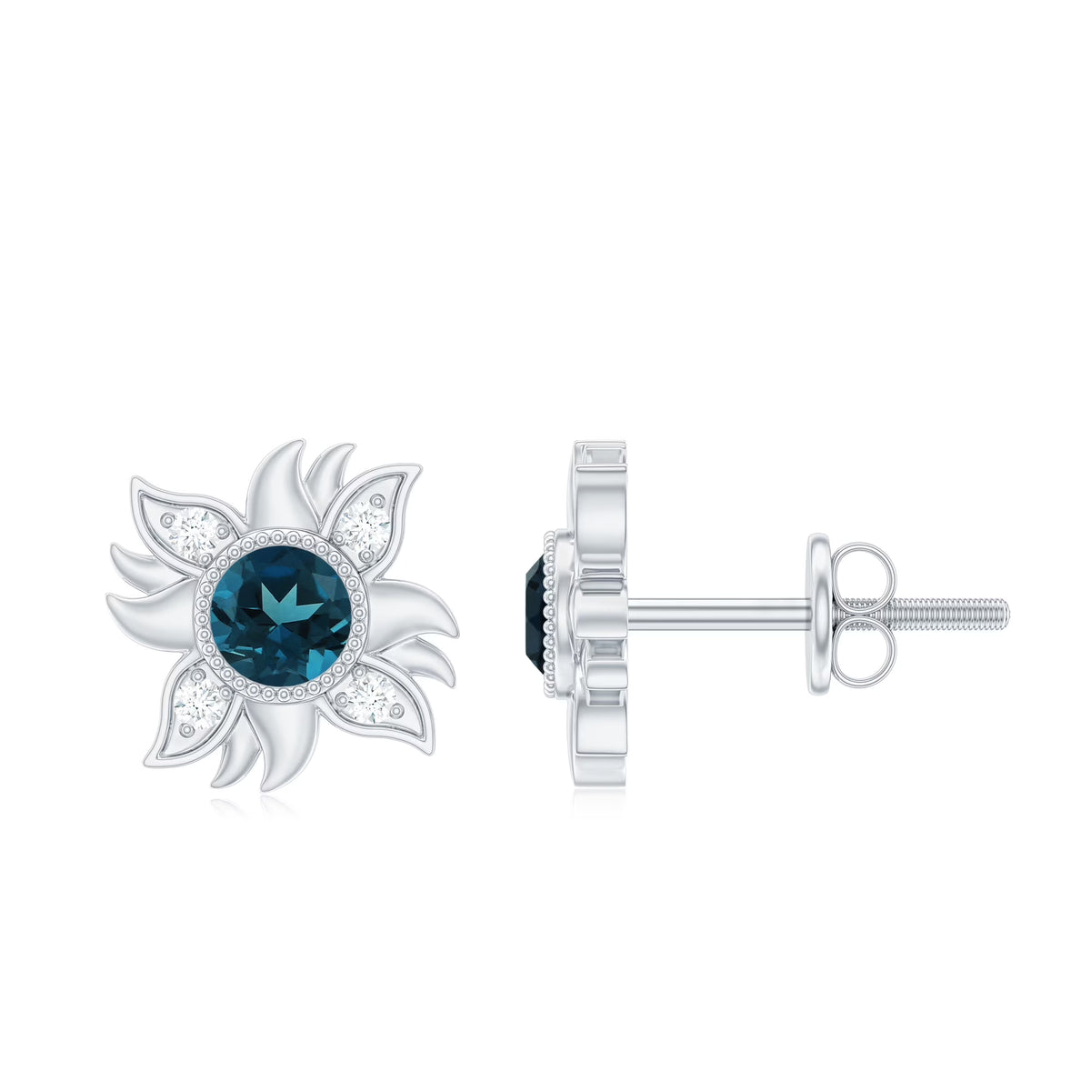 London Blue Topaz Sunburst Stud Earrings with Diamond, 925 Sterling Silver V784