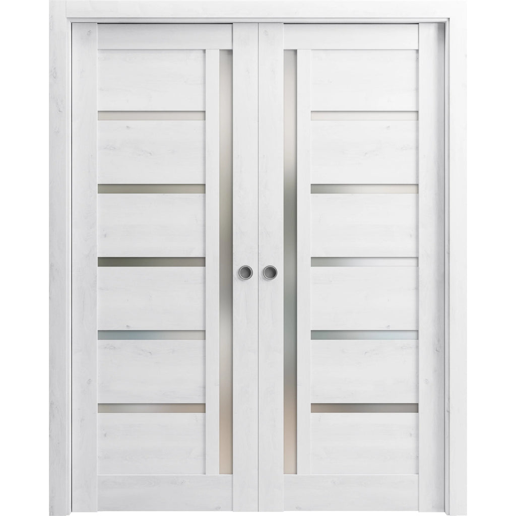 Solid Wood Interior Sliding French Double Pocket Doors 72 x 80 inches with Frosted Glass B929768