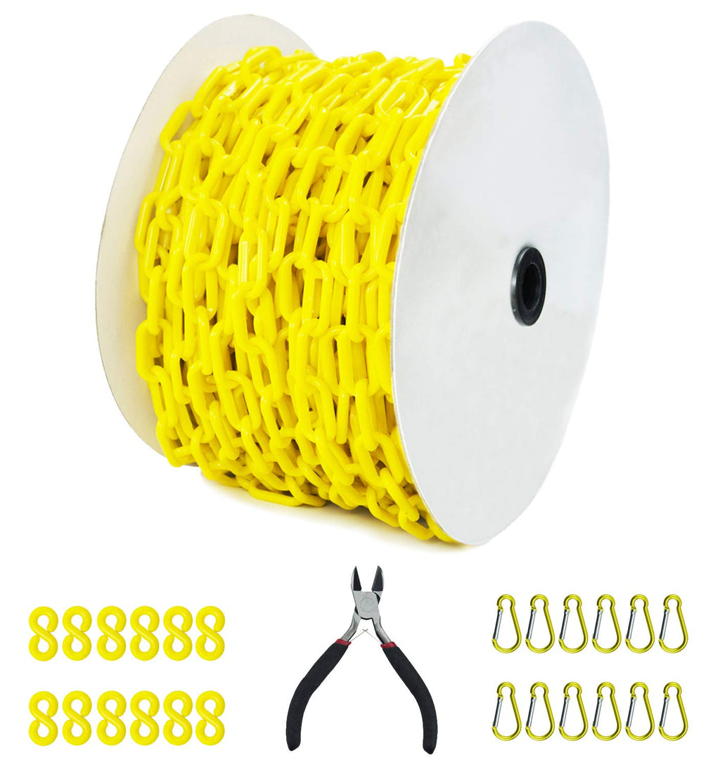 Yellow Plastic Safety Barrier Chain with 12 S-Hooks and 12 Carabiner Clips A802