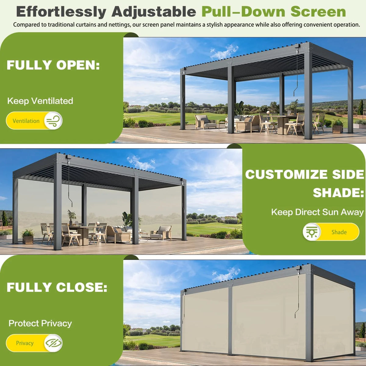 10×20 FT Aluminum Louvered Pergola with 6-Panel Pull-Down Privacy Screen P2849
