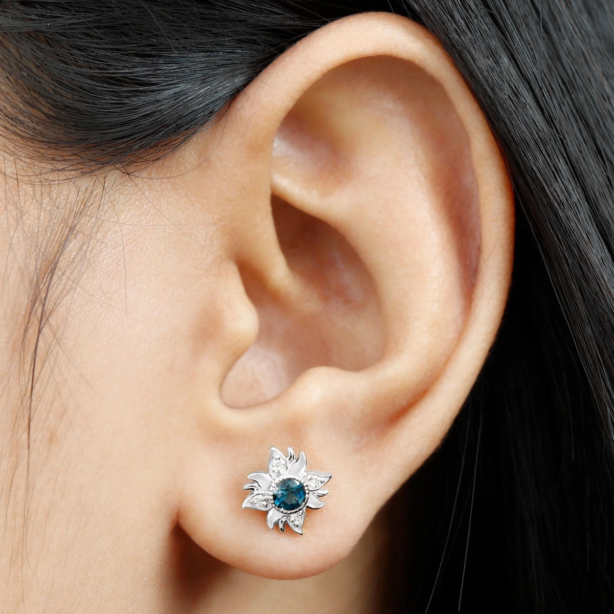 London Blue Topaz Sunburst Stud Earrings with Diamond, 925 Sterling Silver V784