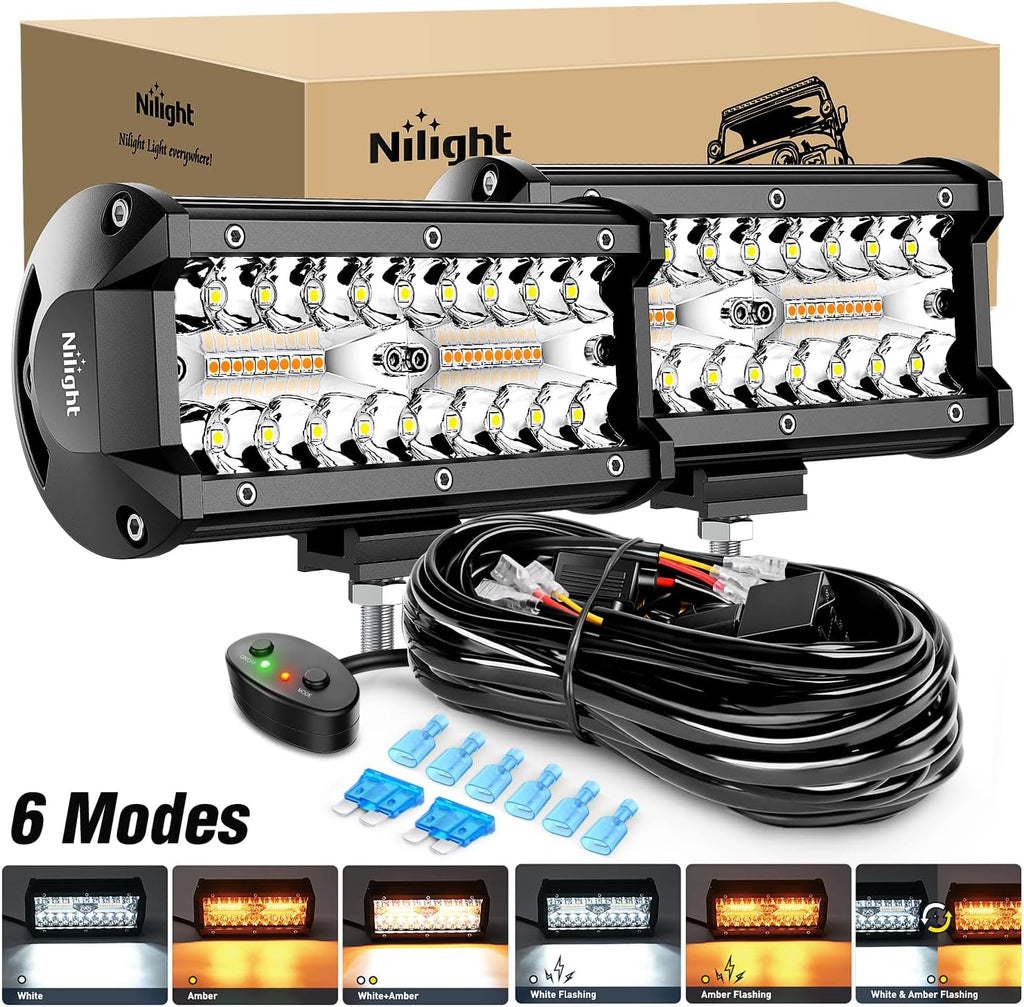2PCS 6.5 Inch 120W LED Light Bar Amber White Strobe 6 Modes with 16AWG Wiring Harness Kit Y1942