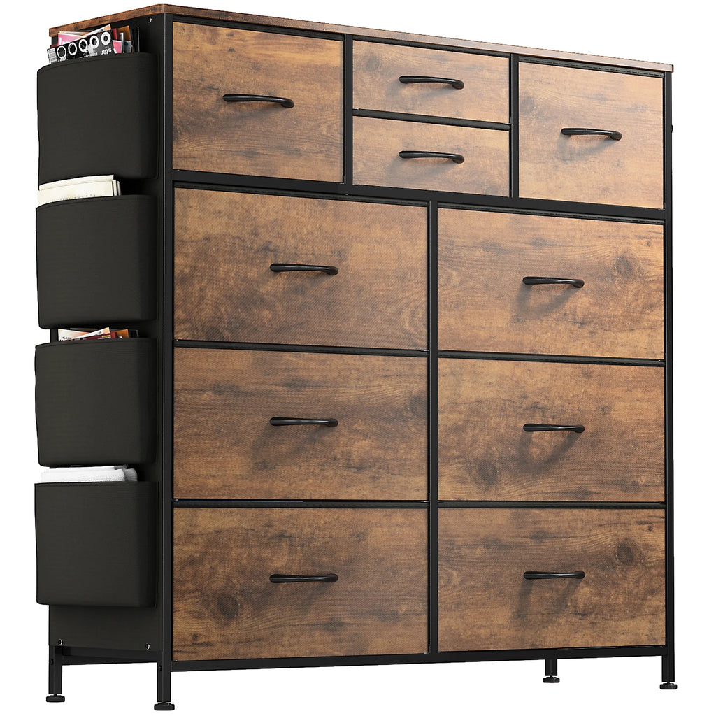 Brown 10 Drawer Fabric Dresser with Side Pockets and Hooks F656