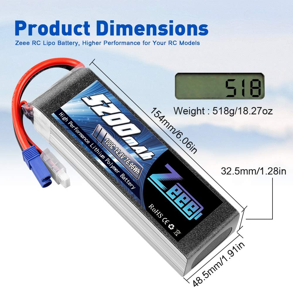 4S Lipo Battery 14.8V 5200mAh 100C EC5 Plug Soft Case 2 Pack S626