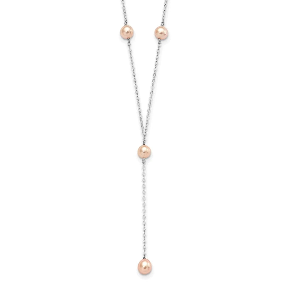 925 Sterling Silver Rhodium-plated Pink Cultured Pearl Y-Drop Necklace 16" S6693