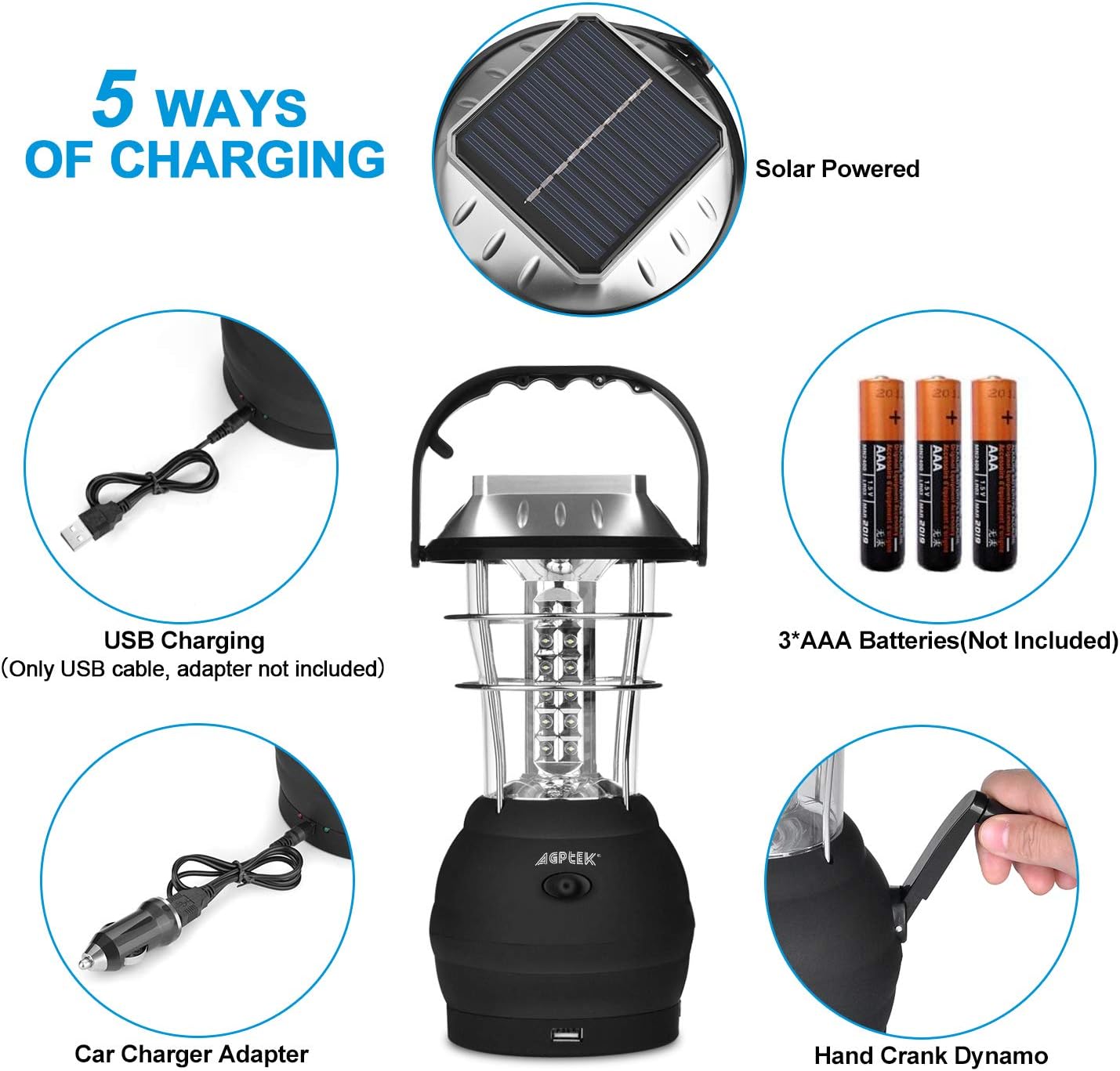 Solar Lantern, 5 Mode Hand Crank Dynamo 36 LED Rechargeable Camping Lantern X814