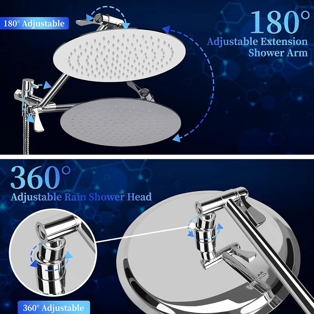 10" Rainfall Shower Head and 9-Setting High Pressure Handheld Shower Heads Combo, Dual ShowerHead with 11" Adjustable Extension Arm and 60" Stainless Hose R926