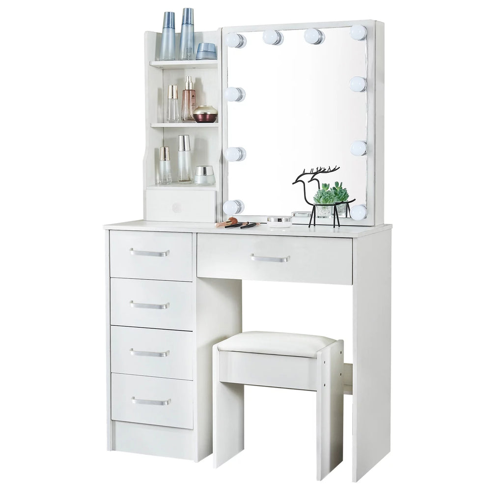 White Vanity Desk with LED Lighted Sliding Mirror and Stool N969