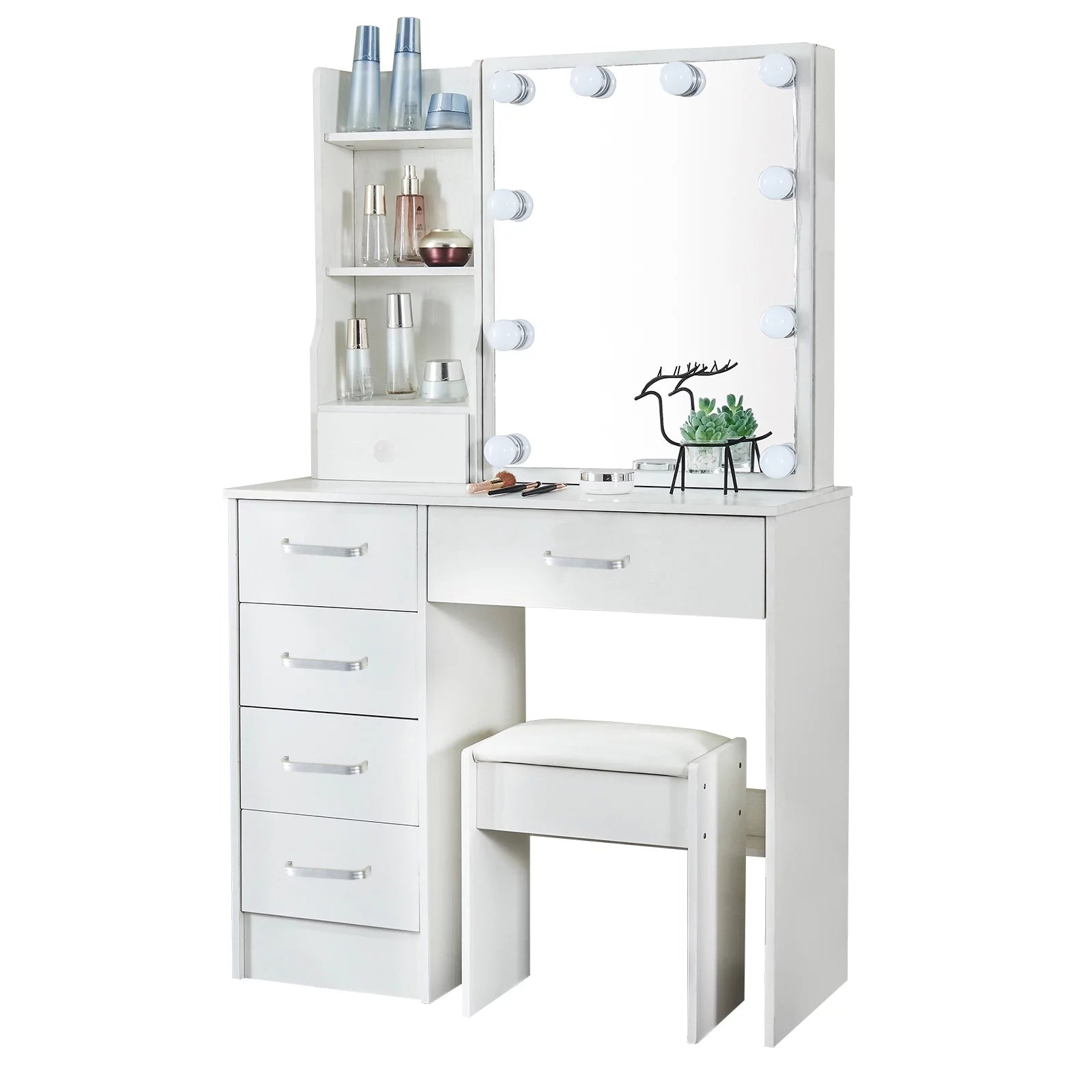 White Vanity Desk with LED Lighted Sliding Mirror and Stool N969