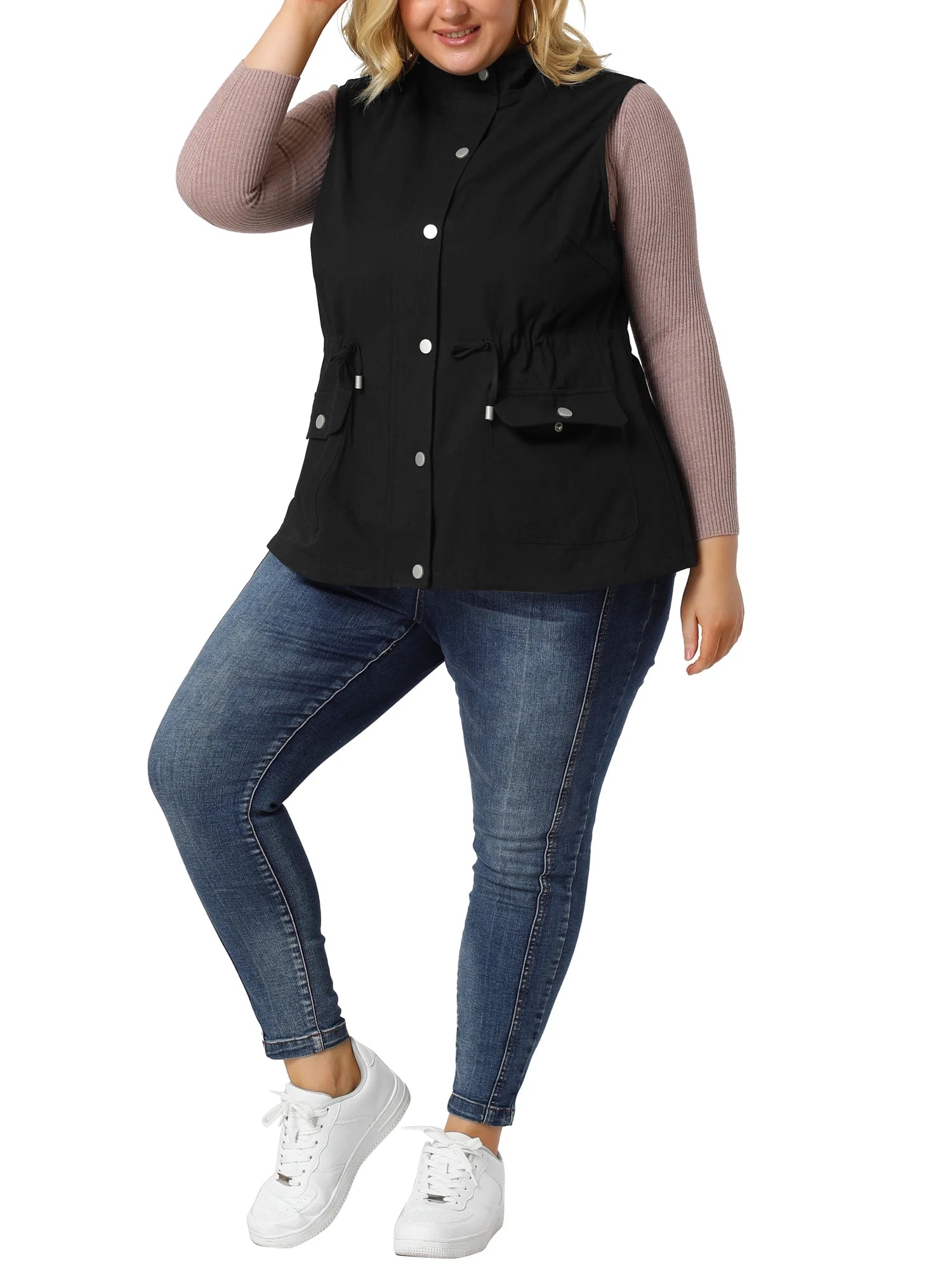 Plus Size Drawstring Waist Cargo Pocket Vest Jacket F800536
