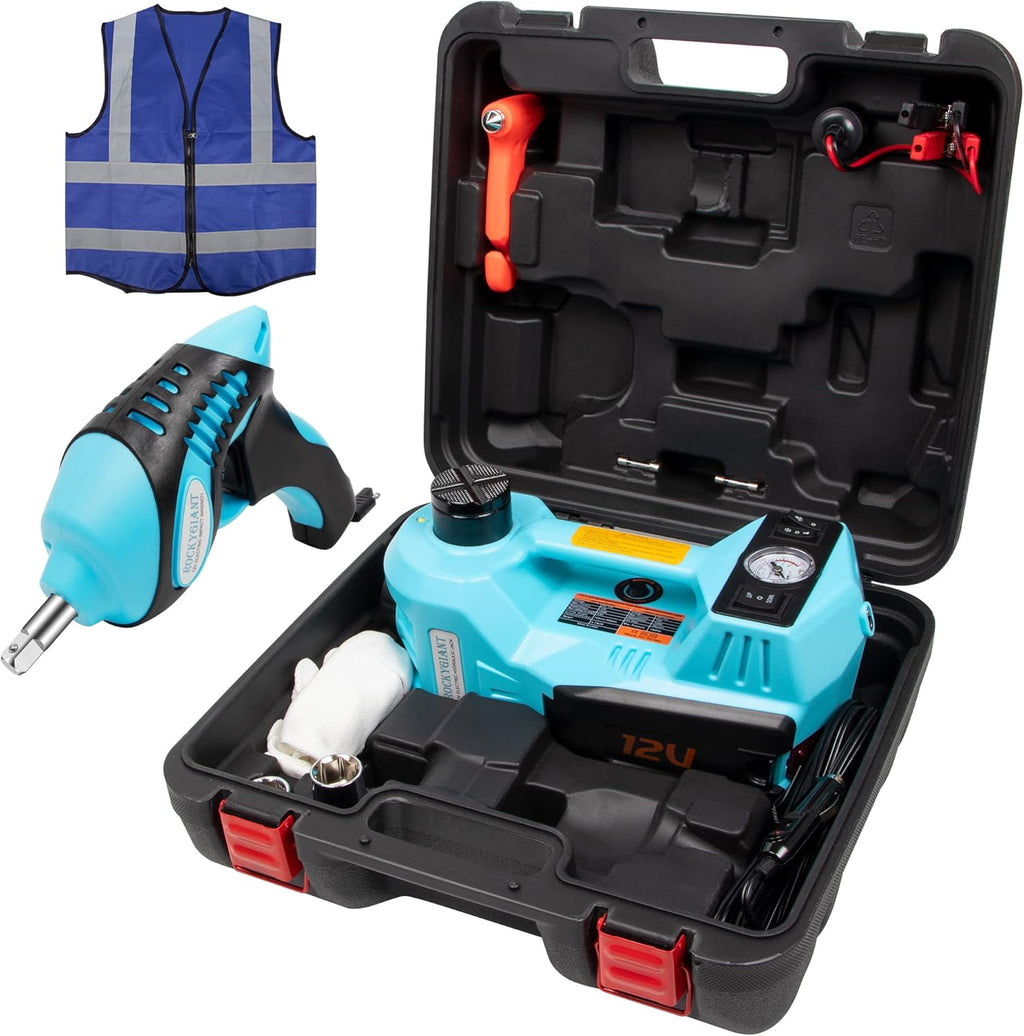 Electric Car Jack Kit 5 Ton Hydraulic Car Jack Lift with Power Wrench, Built-in Air Pump and LED Light, DC 12V Y999