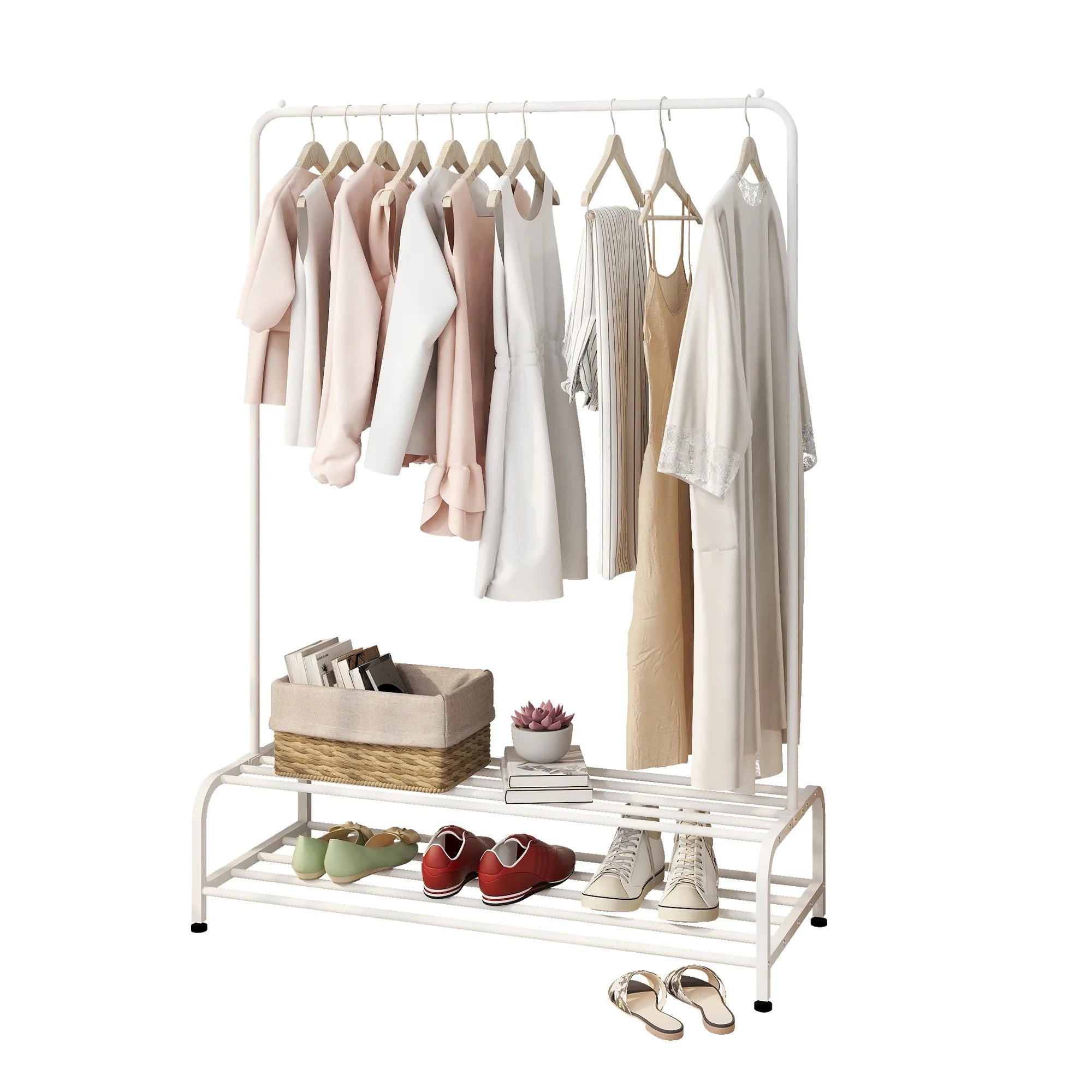 White Metal Garment Rack with Shelves U280373