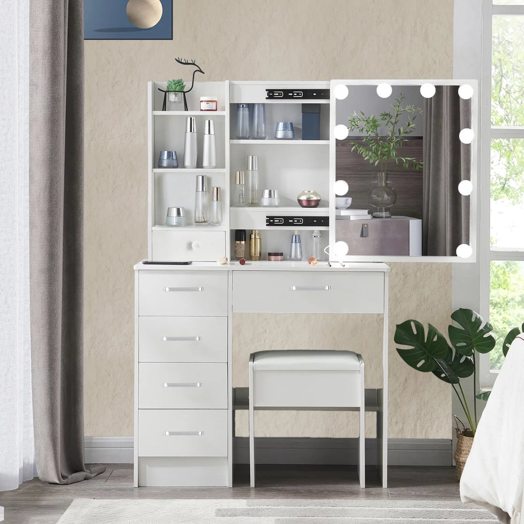 White Vanity Desk with LED Lighted Sliding Mirror and Stool N969