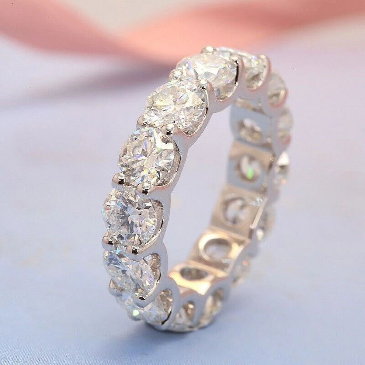 14K White Gold Plated Moissanite Eternity Band Ring V356
