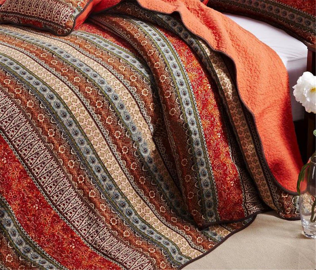 Striped Cotton 3-Piece Patchwork Bedspread Quilt Set Queen I9043