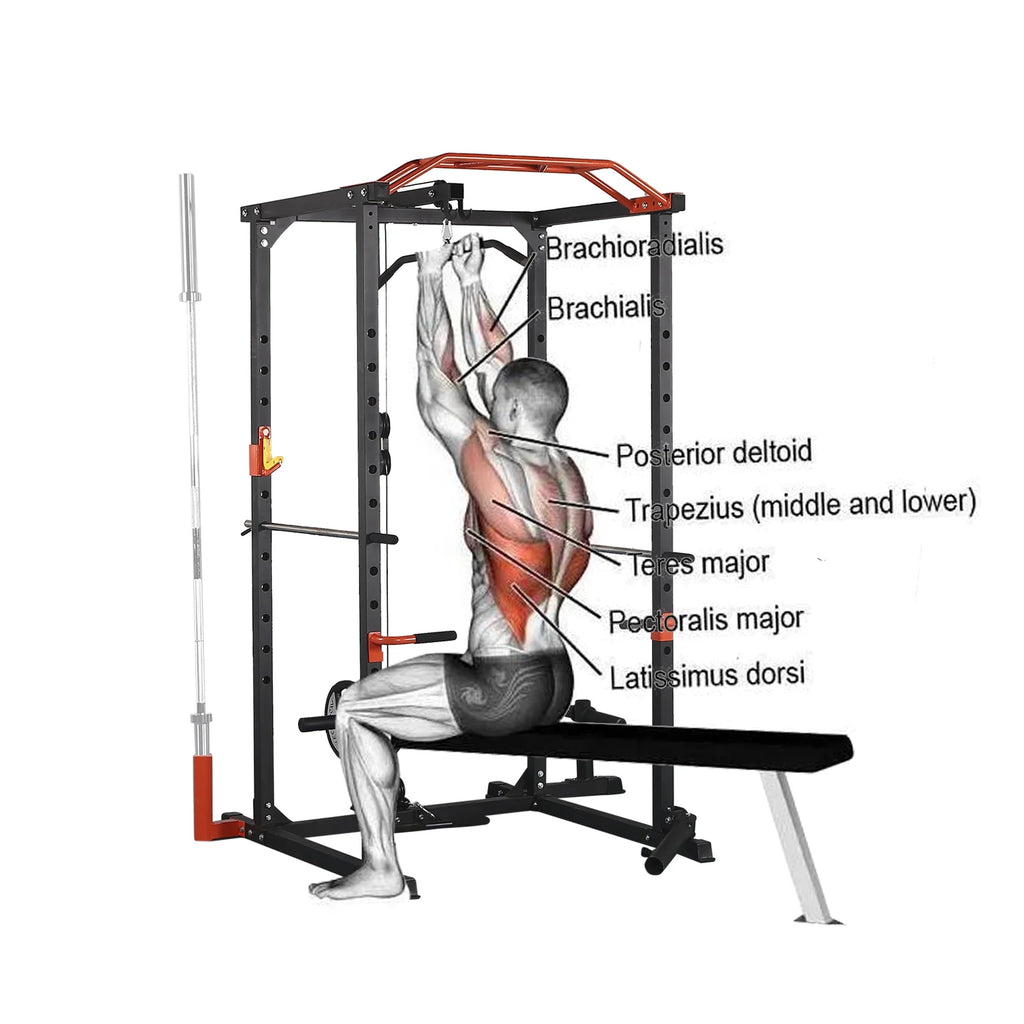 1400LBS Power Rack Cage with Cables, LAT Pulldown System, J-Hooks, Dip Bars, Pull-up Bar G9117