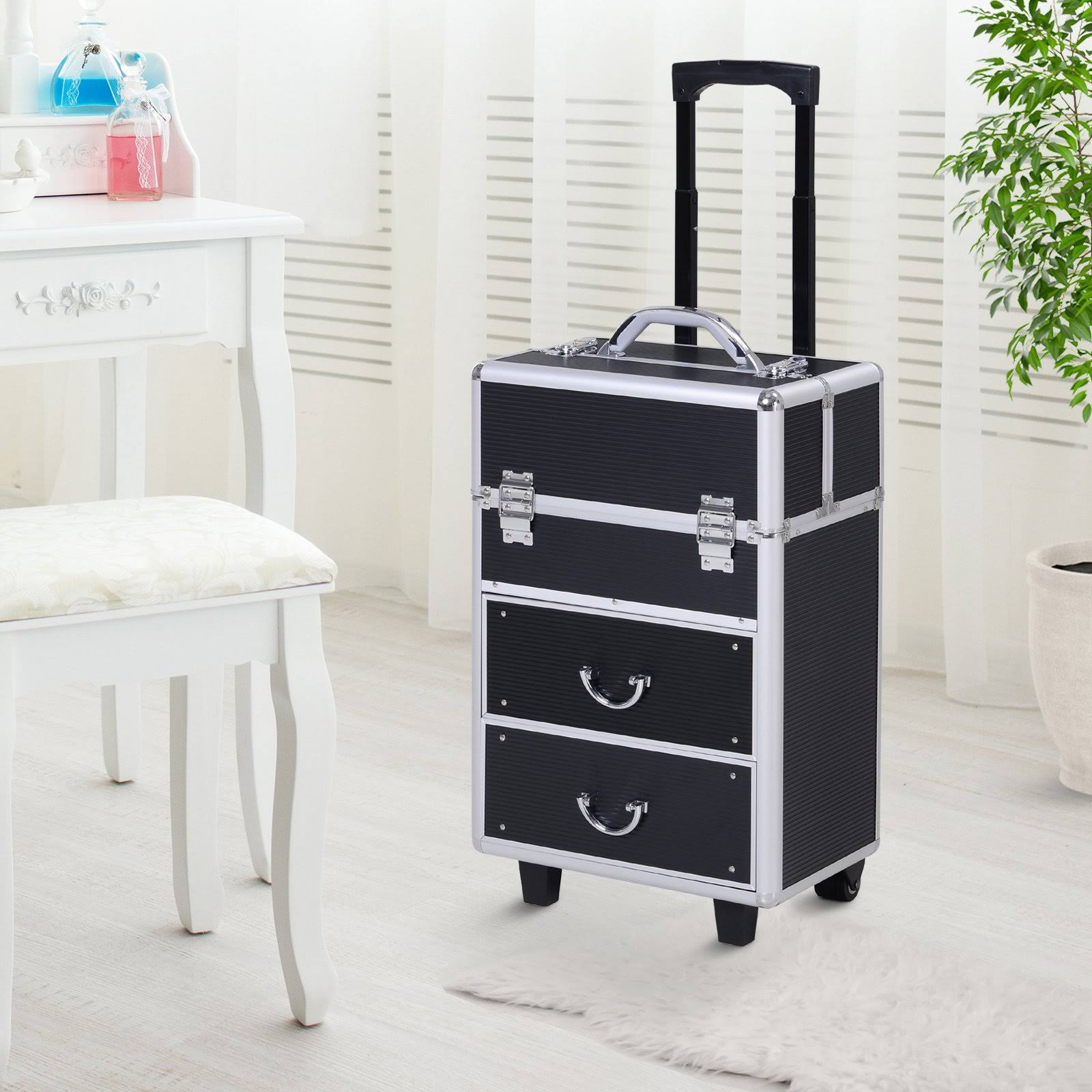 4 Tier Lockable Cosmetic Train Case with Extendable Trays Black N616370