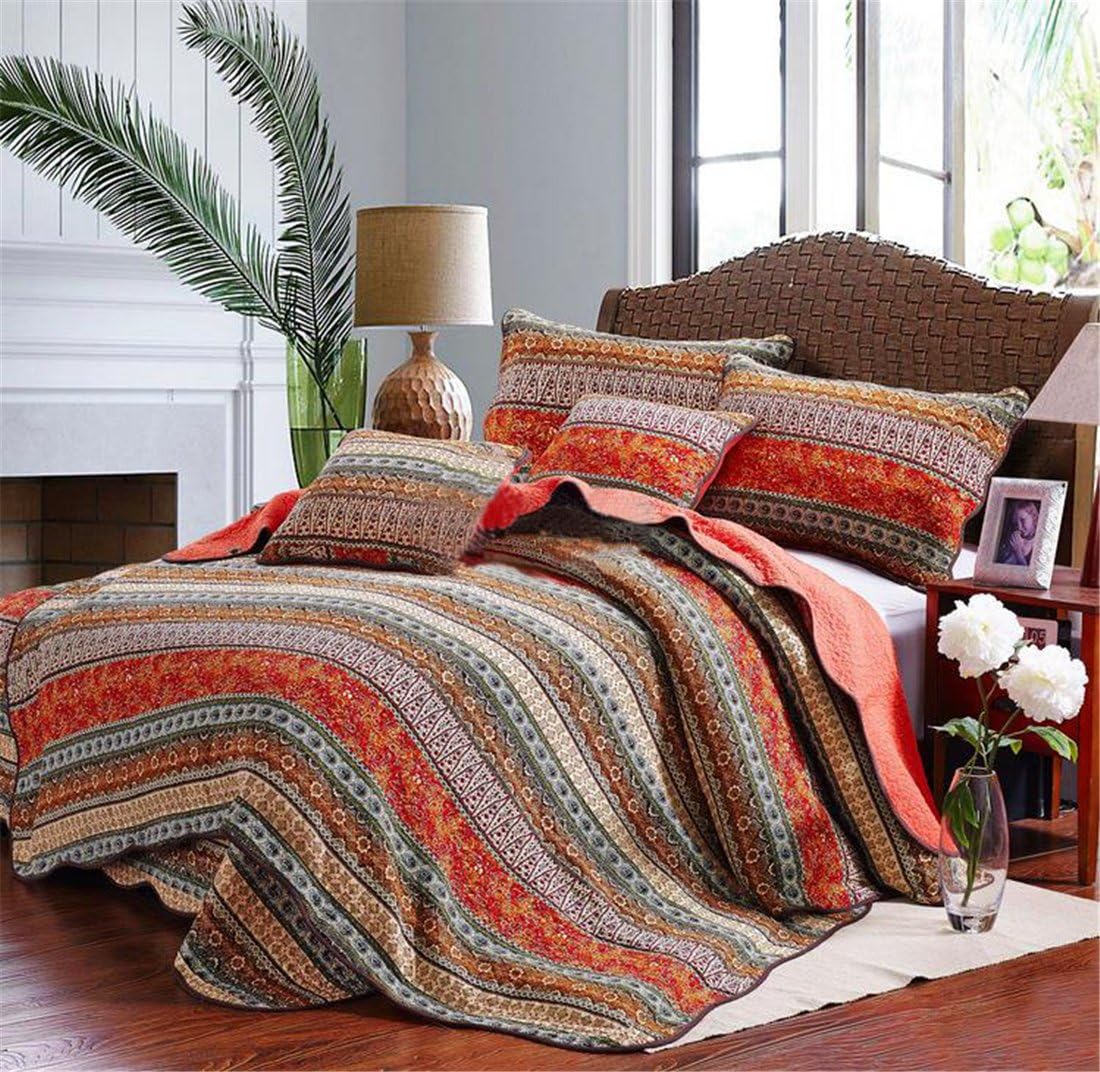 Striped Cotton 3-Piece Patchwork Bedspread Quilt Set Queen I9043