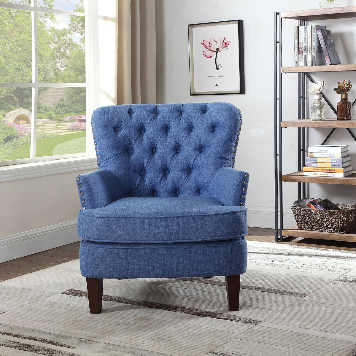 Blue Button Tufted Accent Chair with Nailhead Trim E492