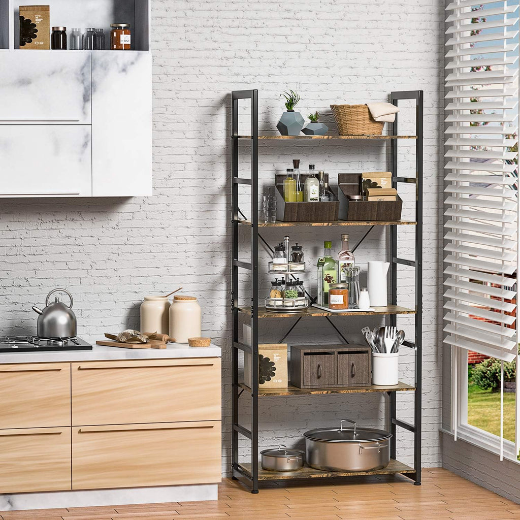 Rustic Brown 5 Tier Wooden and Metal Bookshelf M5008