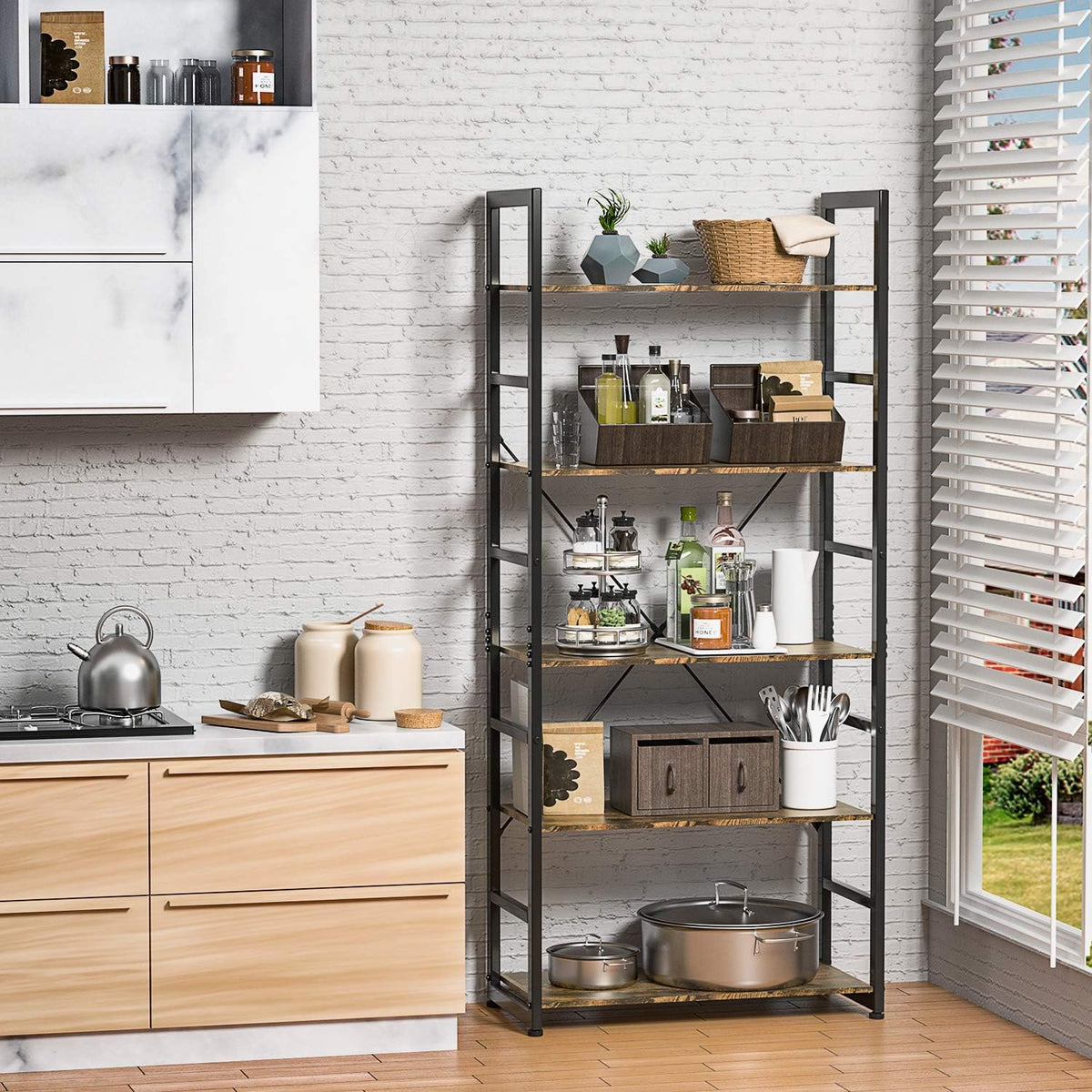Rustic Brown 5 Tier Wooden and Metal Bookshelf M5008