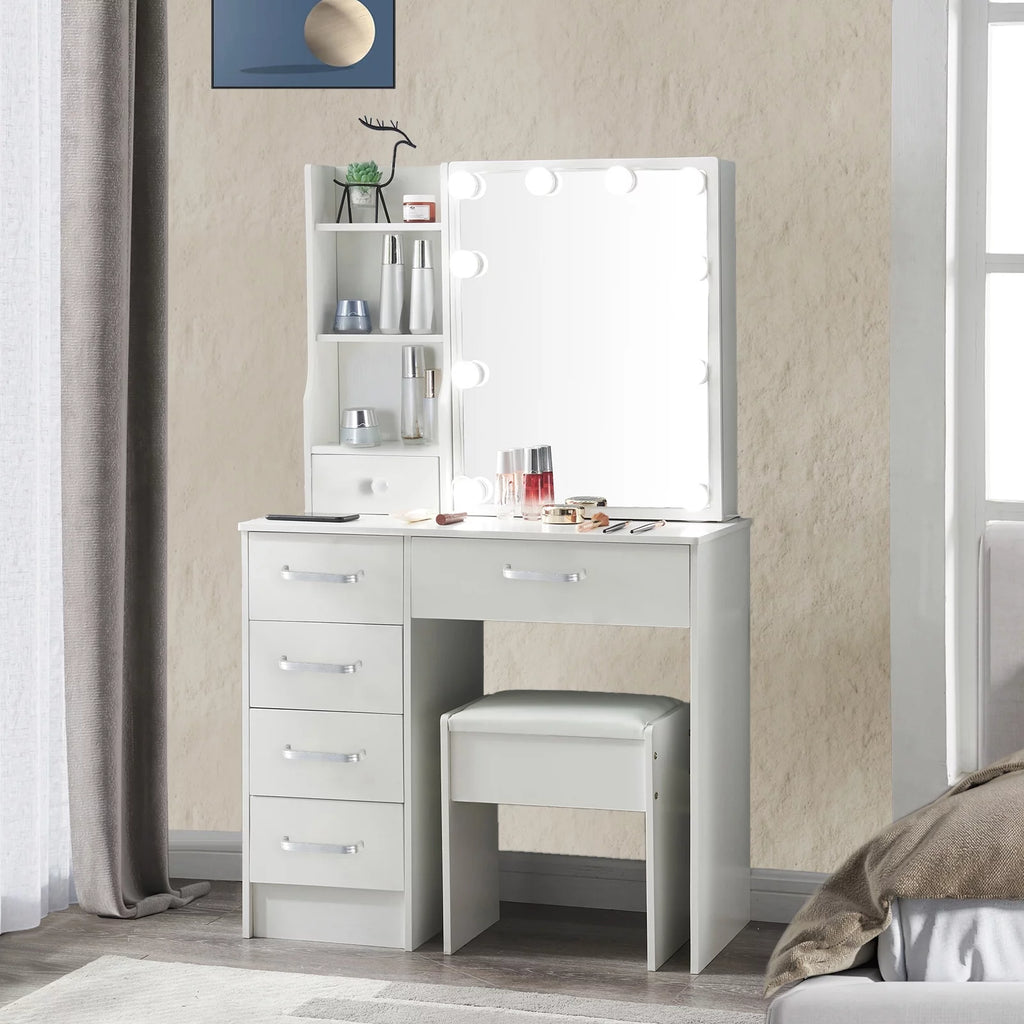 White Vanity Desk with LED Lighted Sliding Mirror and Stool N969