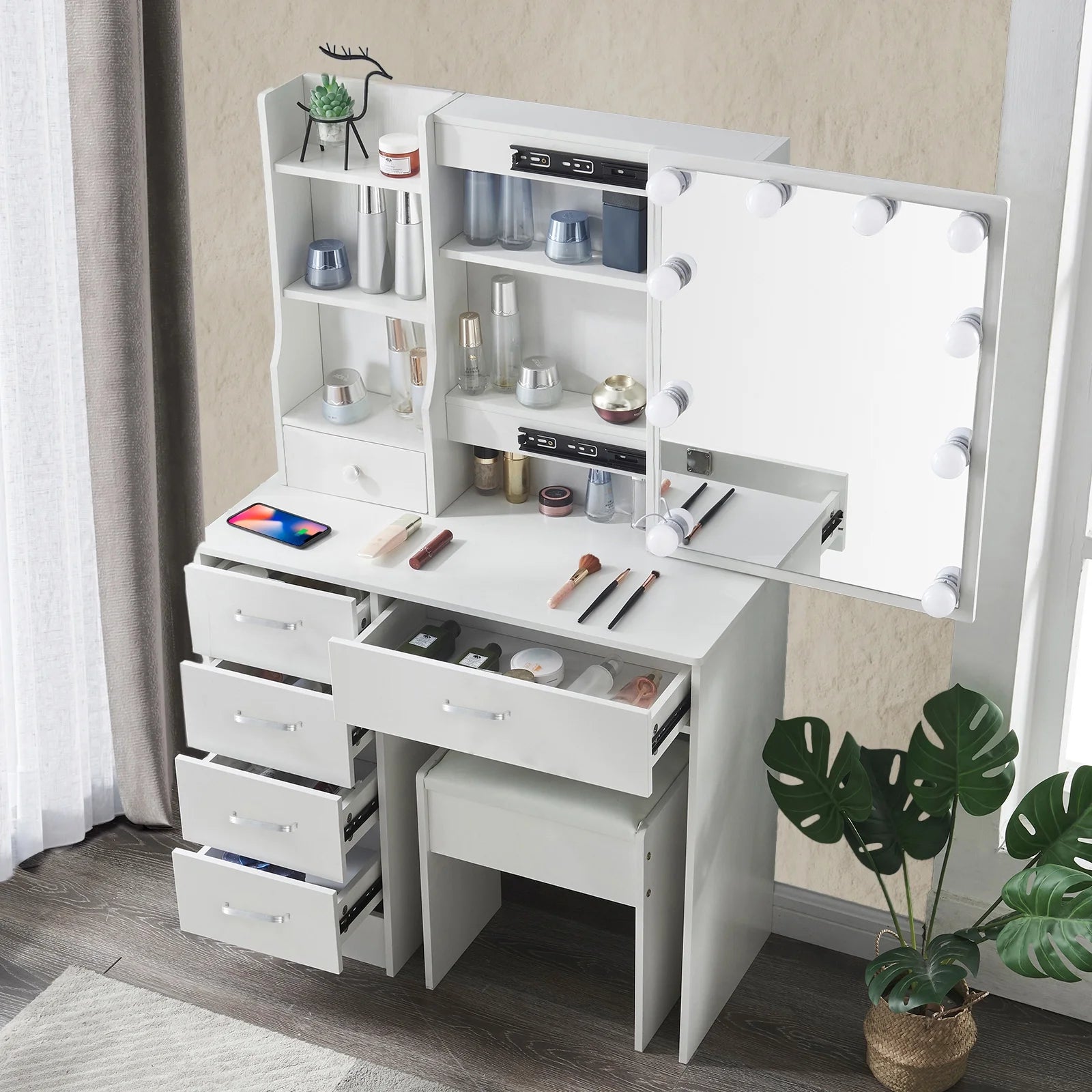White Vanity Desk with LED Lighted Sliding Mirror and Stool N969