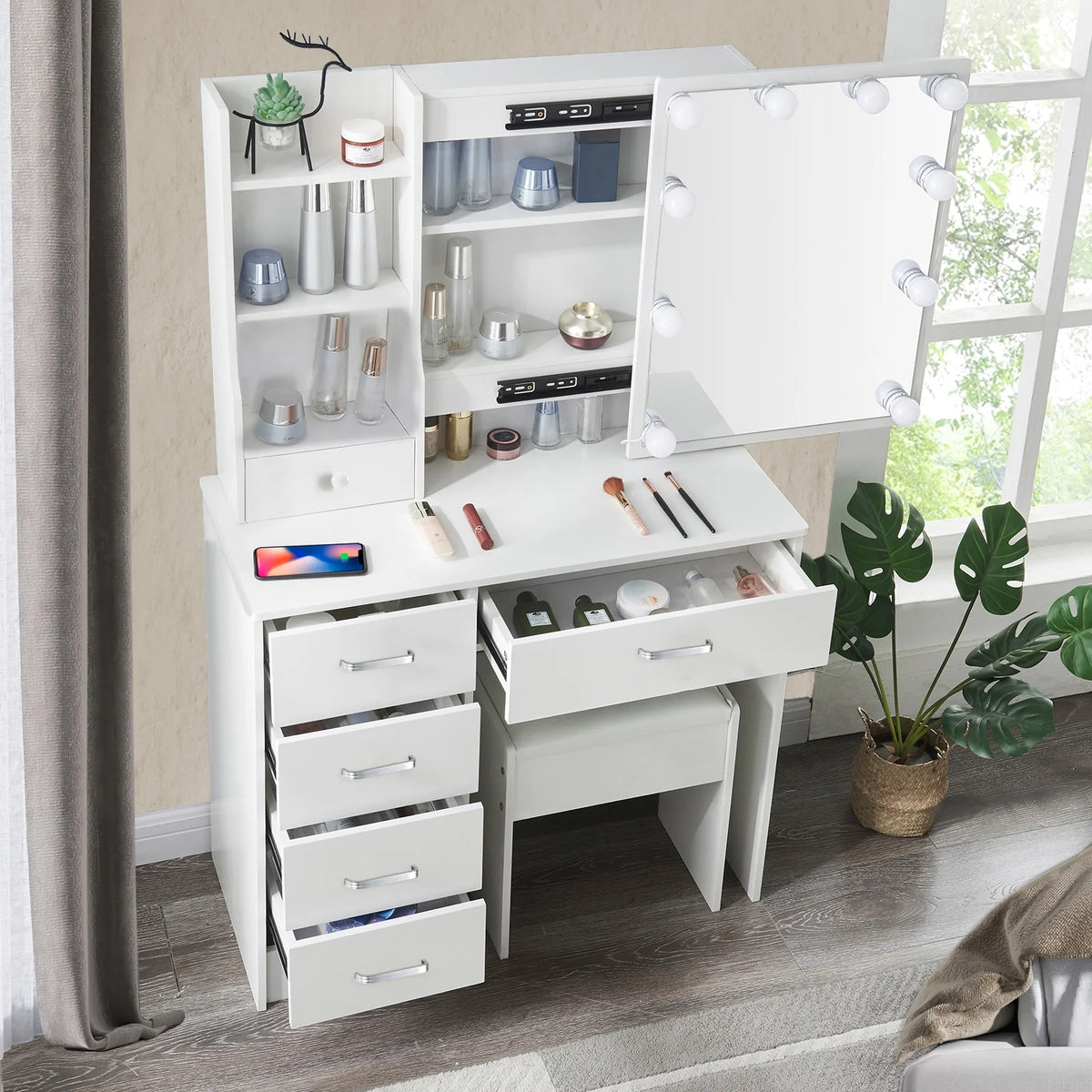 White Vanity Desk with LED Lighted Sliding Mirror and Stool N969