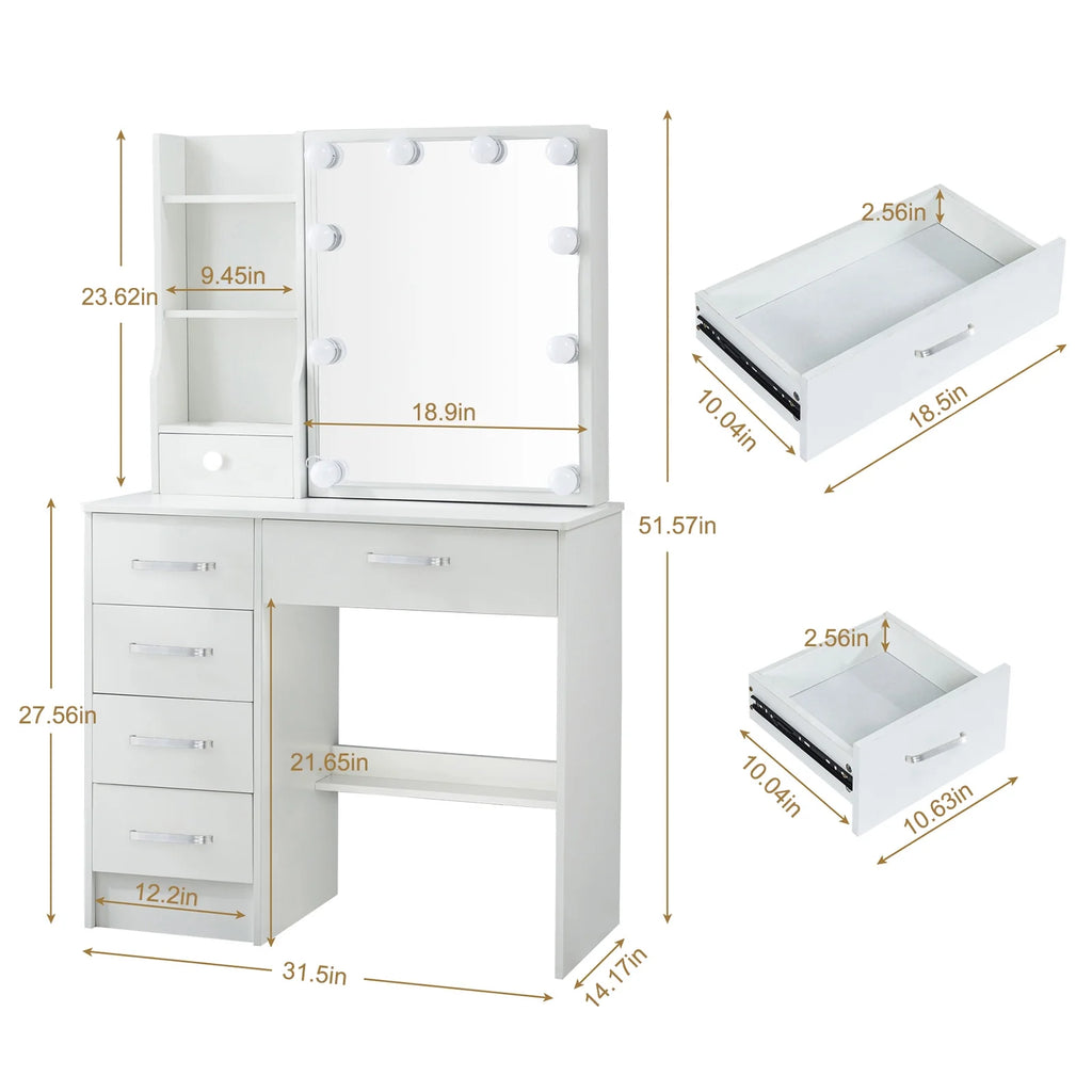 White Vanity Desk with LED Lighted Sliding Mirror and Stool N969