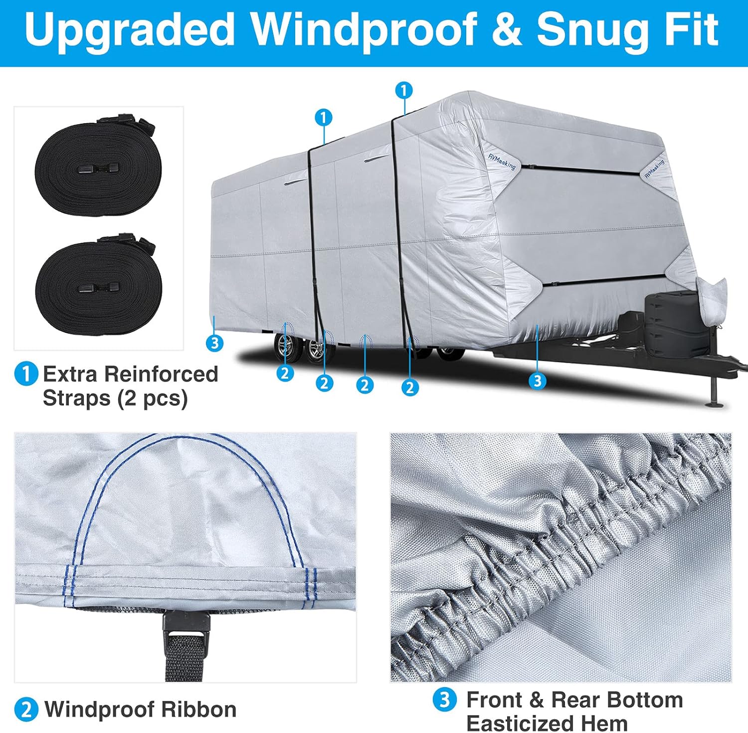 Rip-Stop RV Cover Fits 31'7" - 34' Long Motorhome, Waterproof Camper Cover with Gutter Covers, Adhensive Repair Patch Y529