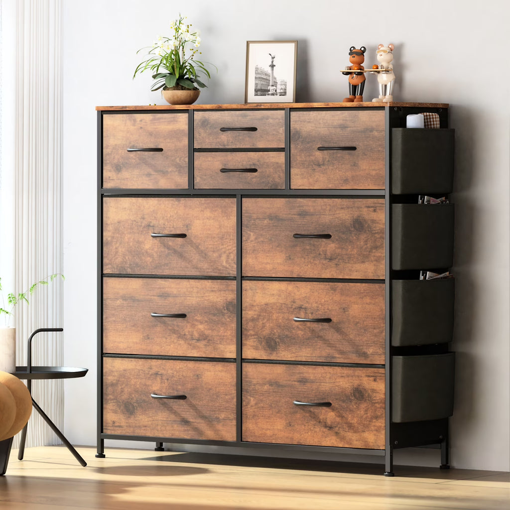 Brown 10 Drawer Fabric Dresser with Side Pockets and Hooks F656