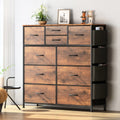 Brown 10 Drawer Fabric Dresser with Side Pockets and Hooks F656