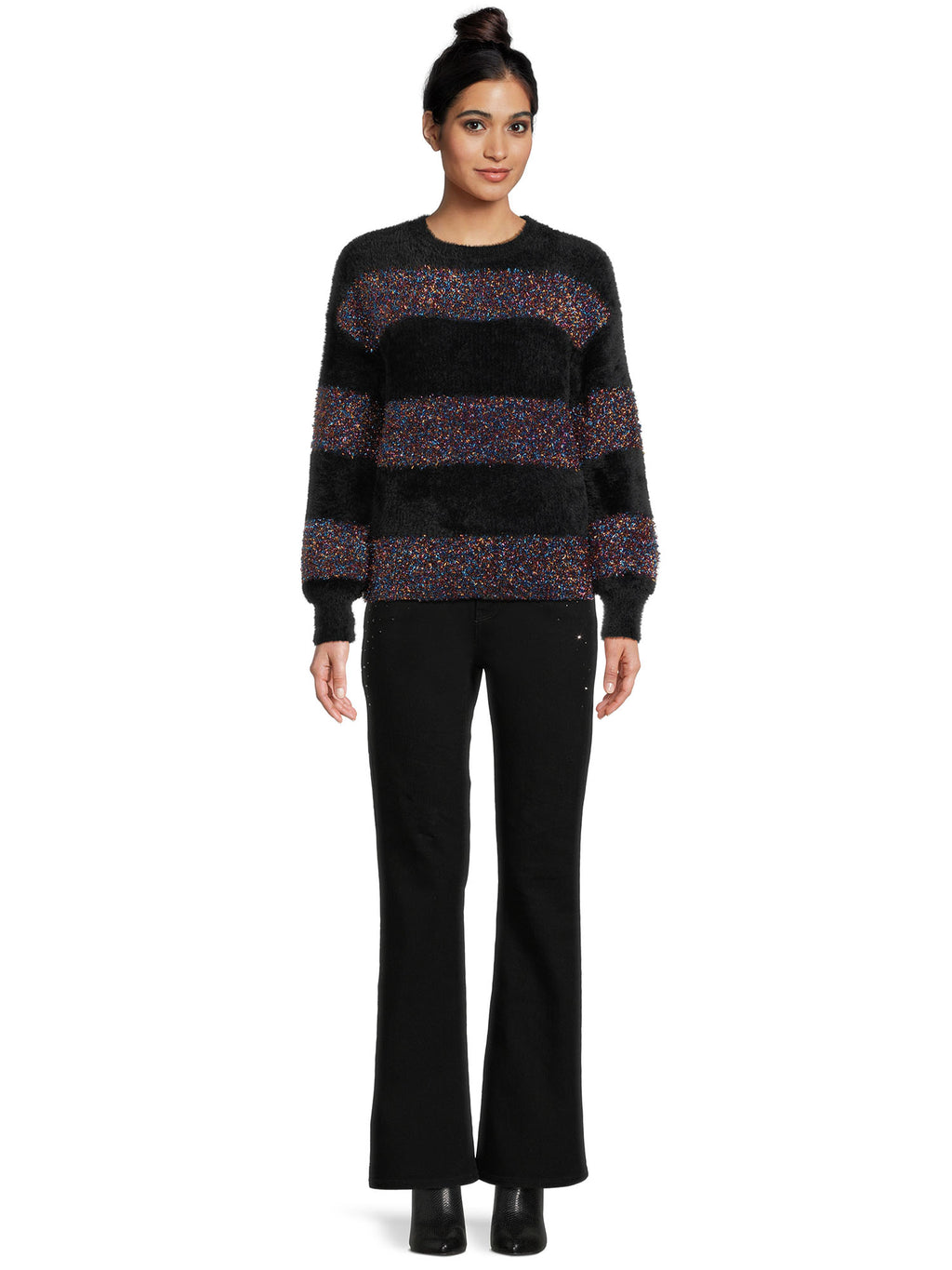 Metallic Stripe Pullover Sweater with Long Sleeves D428