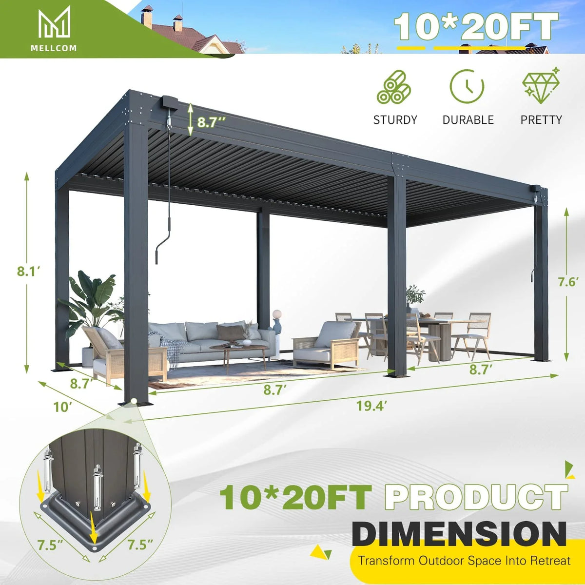 10×20 FT Aluminum Louvered Pergola with 6-Panel Pull-Down Privacy Screen P2849