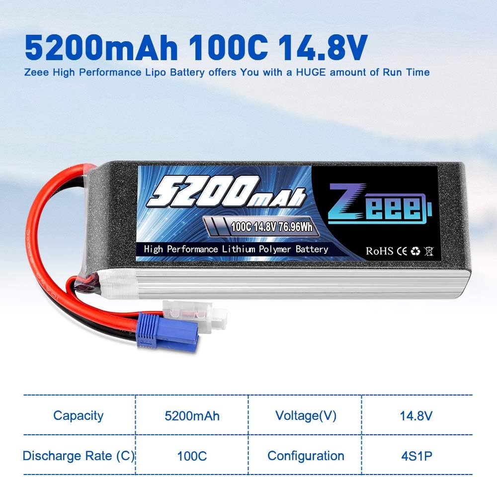 4S Lipo Battery 14.8V 5200mAh 100C EC5 Plug Soft Case 2 Pack S626