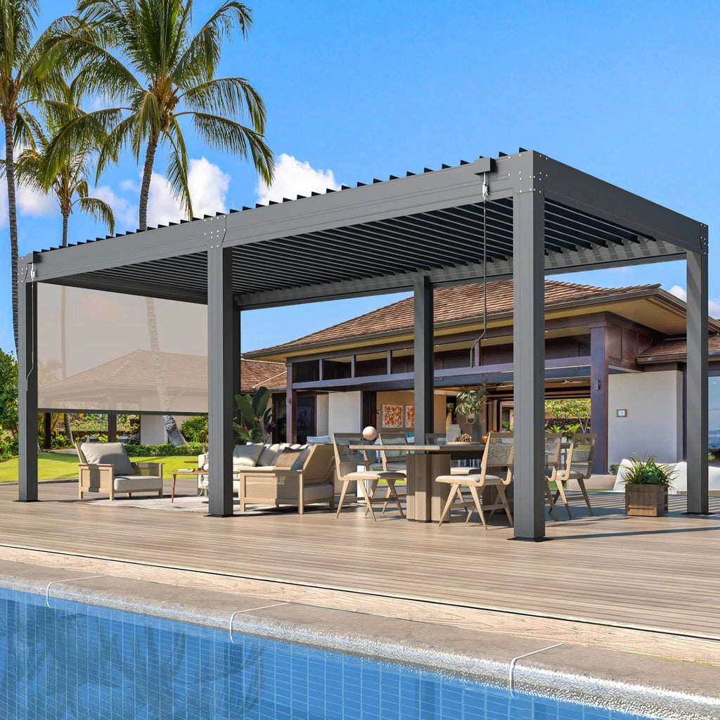10×20 FT Aluminum Louvered Pergola with 6-Panel Pull-Down Privacy Screen P2849