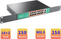 18 Port Ethernet PoE Switch with 16-Port PoE 100Mbps, 2×Gigabit Uplink, 250W, Unmanaged Network Switch, Metal case U289